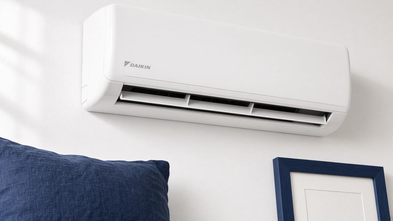 Unitate interioară Daikin albă, văzută întreagă, cu pernă navy și ramă albastră