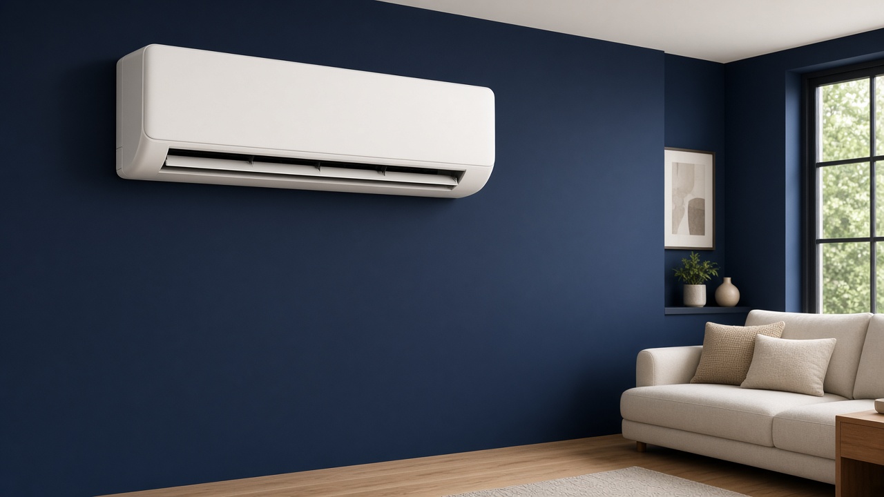 Split de perete alb pe un perete navy, clasa 2,5 kW