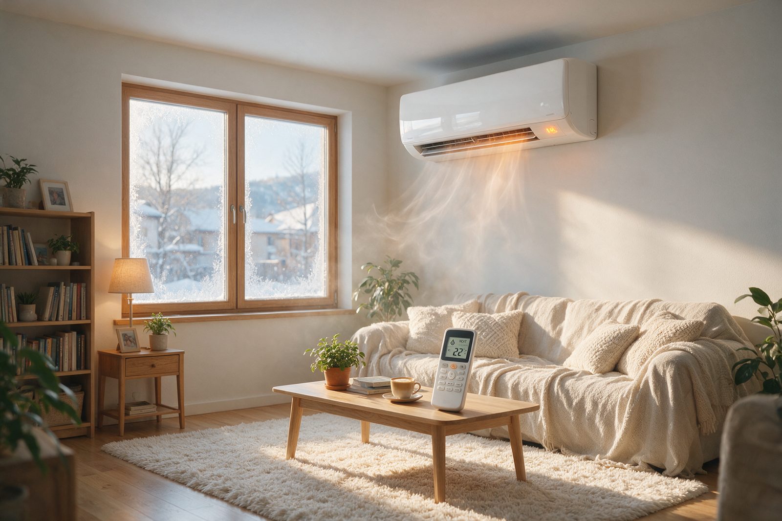 Aparat de aer conditionat incalzire iarna intr-un living luminos, cu fluxul de aer orientat in jos