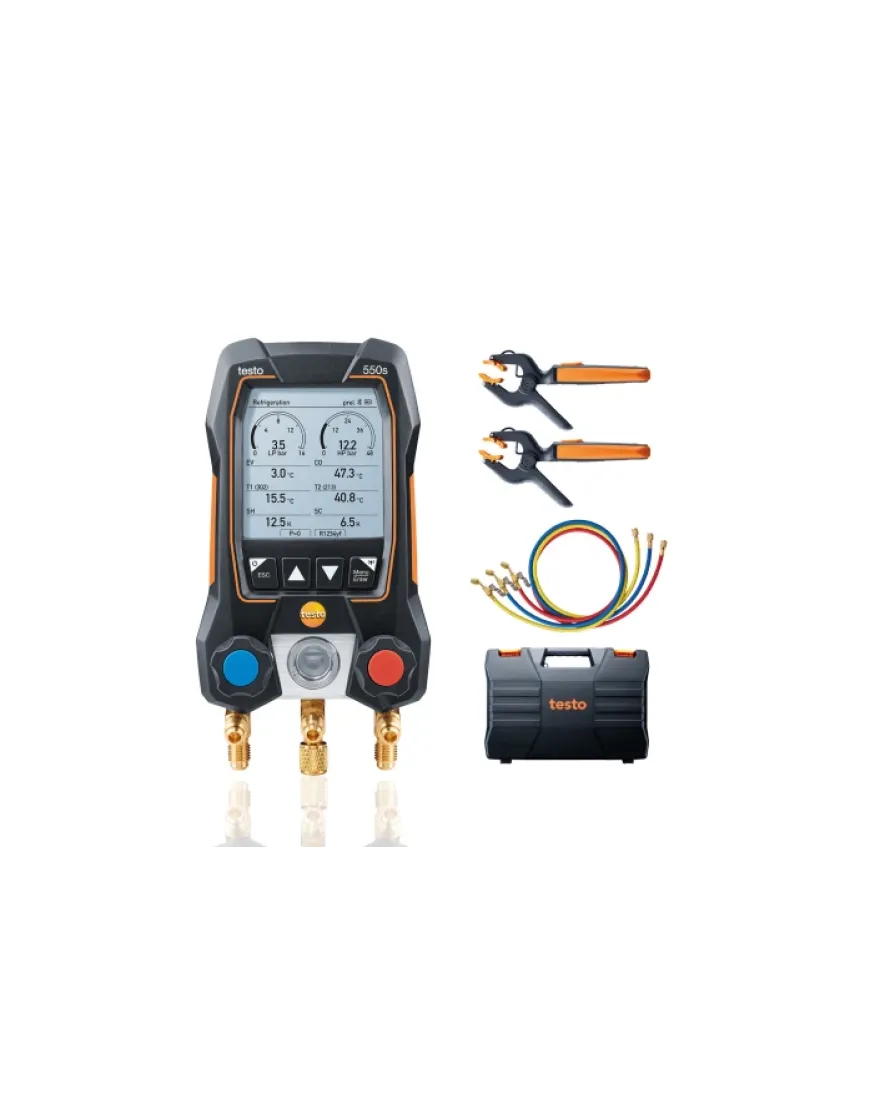 Testo 550s Set smart cu furtunuri - Manifold digital inteligent cu sonde de temperatură wireless și set de 3 furtunuri de umplere