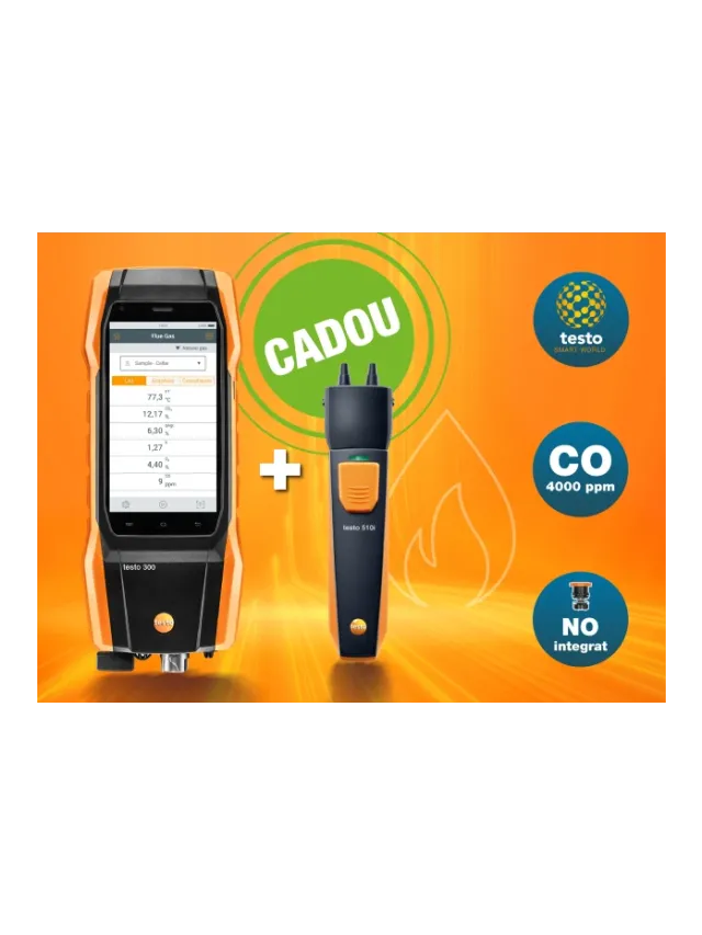Set 1 testo 300 NEXT LEVEL - Analizor de gaze de ardere cu senzori de O2, CO până la 4,000 ppm și NO
