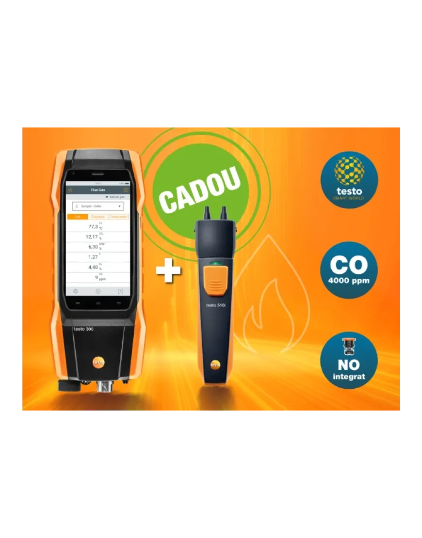 Set 3 testo 300 NEXT LEVEL - Analizor de gaze de ardere cu senzori de O₂, CO compensat cu H2 până la 30,000 ppm și NO