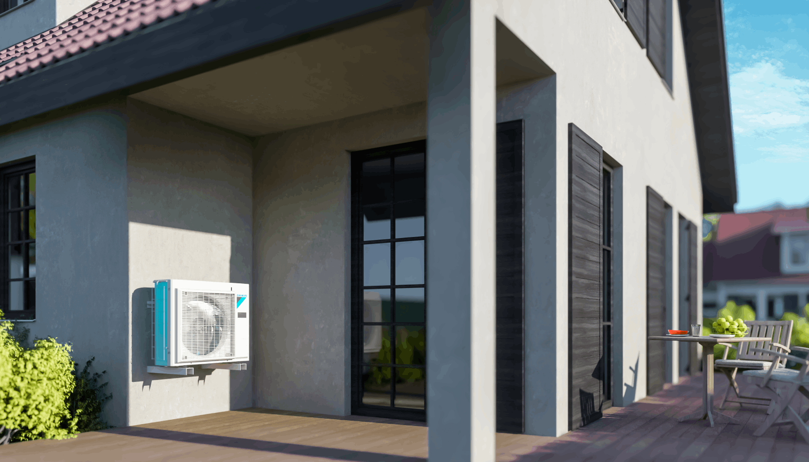 Montaj discret unitate externă Daikin Altherma ERLA11DV în curtea unei case moderne