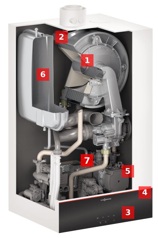 Secțiune internă Viessmann Vitodens 100-W S1 B1KF componente premium arzător MatriX schimbător Inox-Radial schimbător ACM în plăci