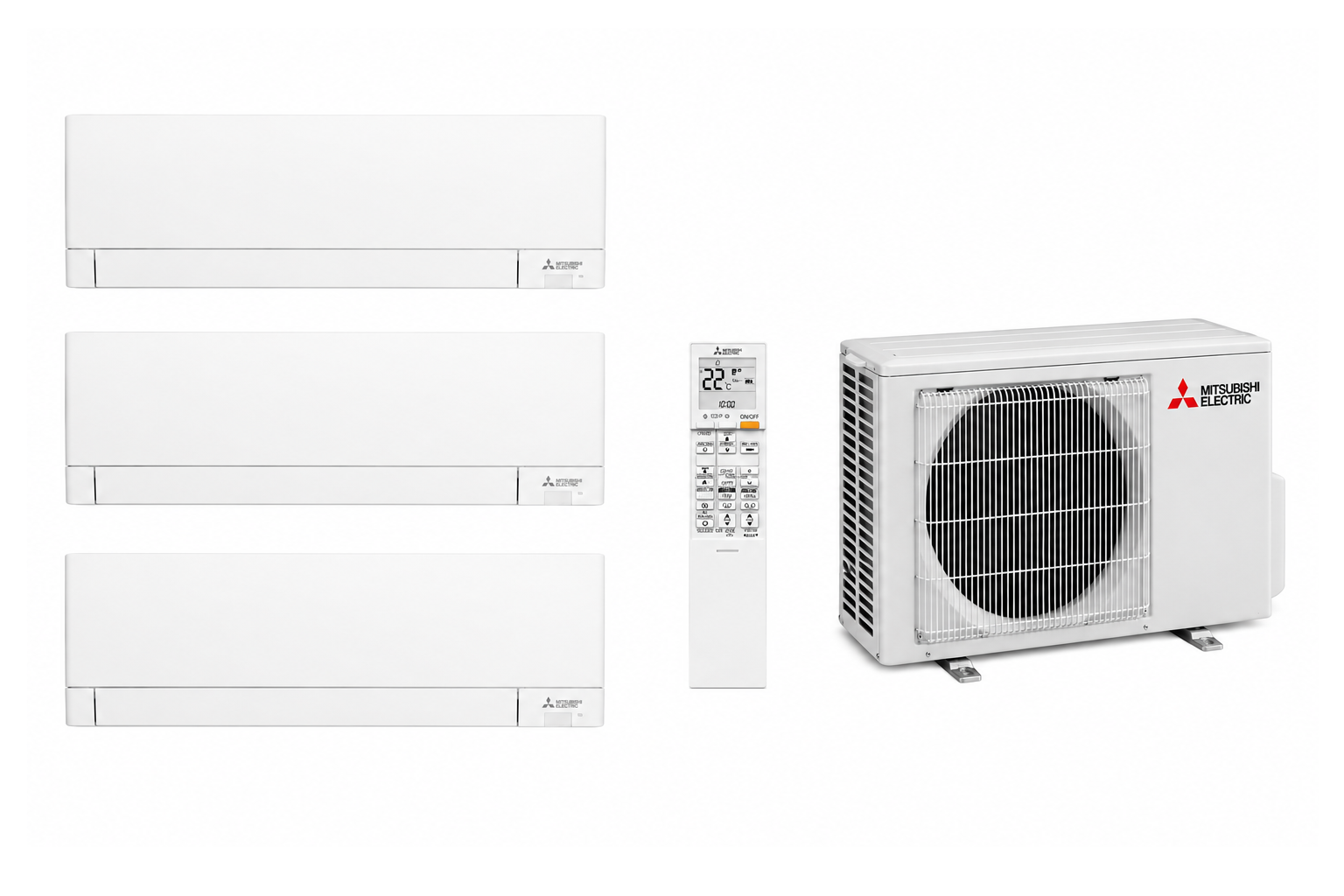 Multisplit Mitsubishi Linea Plus cu 3 unități interioare, living, dormitor și birou